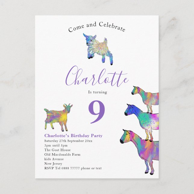 Postal De Invitación Fiesta de Cumpleaños Acuarela de Cabra Morado (Anverso)