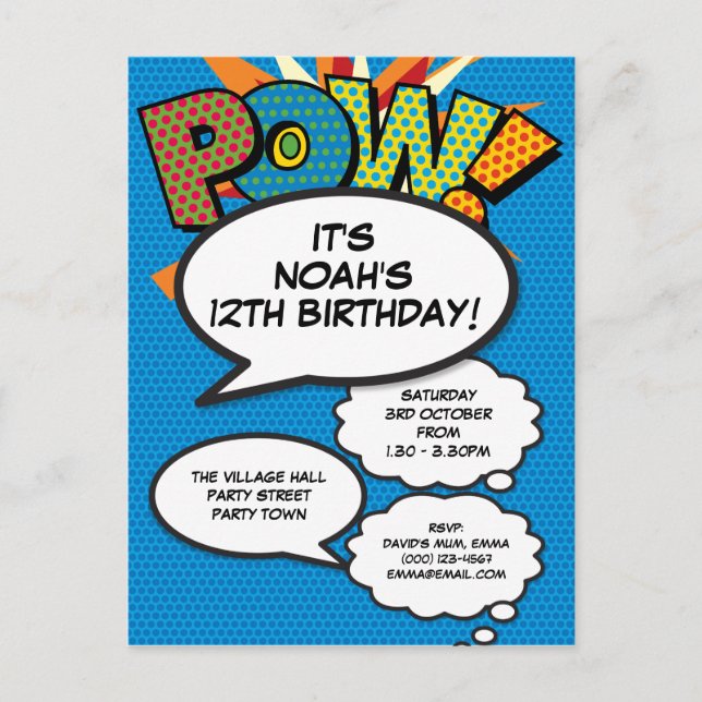 Postal De Invitación Fiesta de cumpleaños azul divertida Cualquier edad (Anverso)
