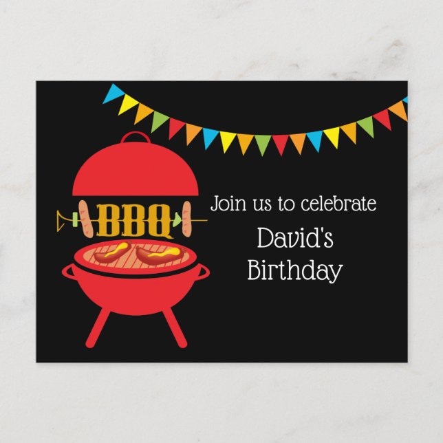 Postal De Invitación fiesta de cumpleaños bbq, barbacoa, parrilla bbq, (Anverso)