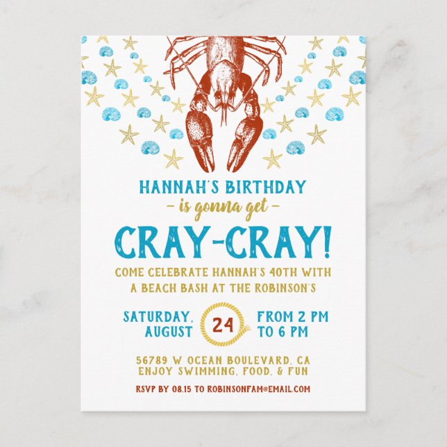 Postal De Invitación Fiesta de cumpleaños | Cangrejo de río Nautical Ad (Anverso)