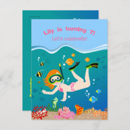 Postal De Invitación Fiesta de cumpleaños chica buceando con peces trop