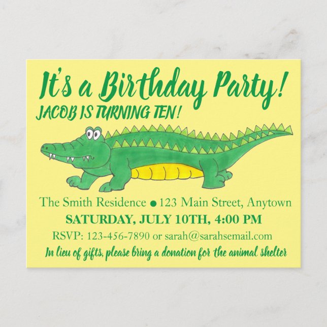 Postal De Invitación Fiesta de Cumpleaños Cocodrilo Amarillo Verde (Anverso)