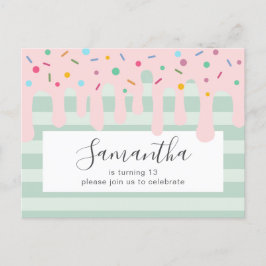 Postal De Invitación Fiesta de Cumpleaños con Goteo Rosa y Purpurina