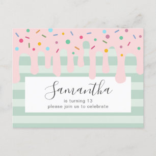 Postal De Invitación Fiesta de Cumpleaños con Goteo Rosa y Purpurina
