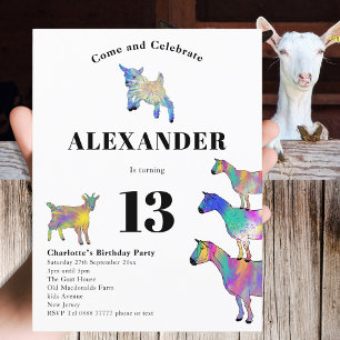 Postal De Invitación Fiesta de Cumpleaños con Tema de Animal Cabra Ador