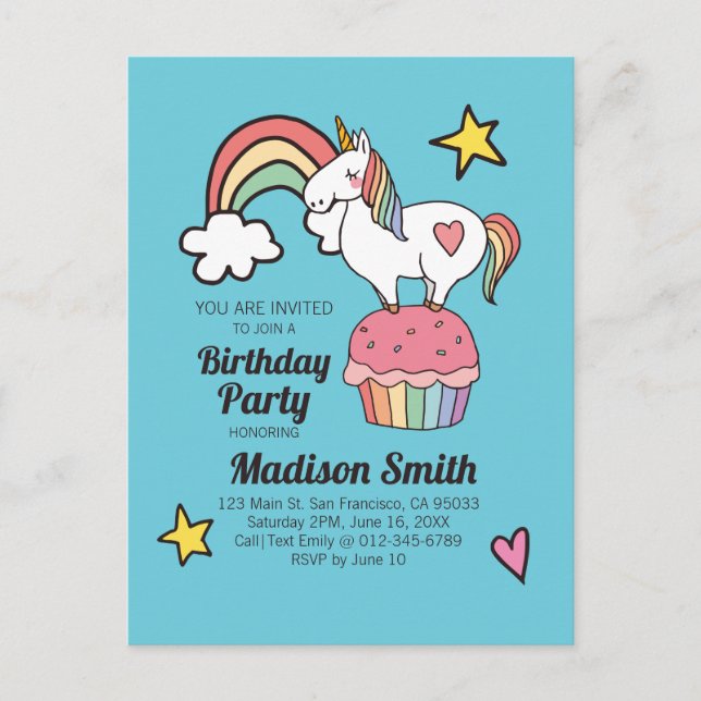 Postal De Invitación Fiesta de Cumpleaños Corazón Estrellas Unicornio A (Anverso)