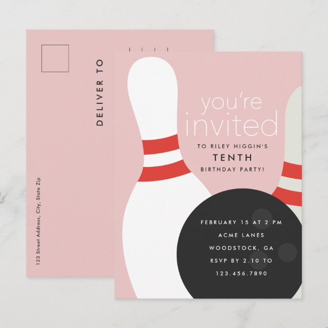 Postal De Invitación Fiesta de Cumpleaños de Bolos (Anverso / Reverso)