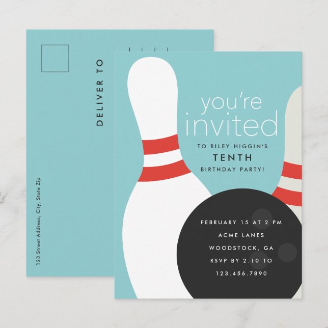 Postal De Invitación Fiesta de Cumpleaños de Bolos (Anverso / Reverso)