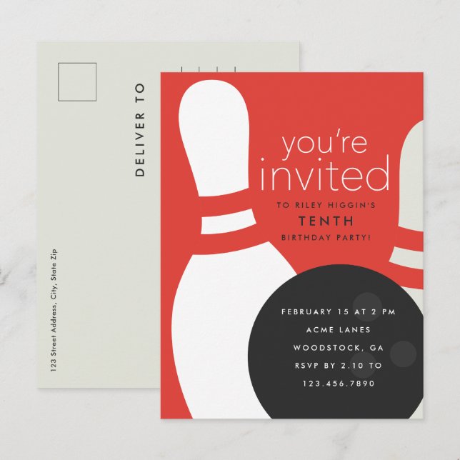 Postal De Invitación Fiesta de cumpleaños de Bowling (Anverso / Reverso)