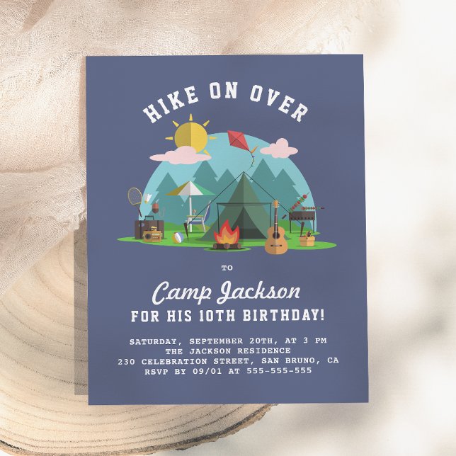 Postal De Invitación Fiesta de cumpleaños de camping azul marino modern (Subido por el creador)