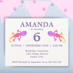 Postal De Invitación Fiesta de Cumpleaños de Chicas de Gecko Rosa Adora