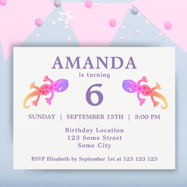 Postal De Invitación Fiesta de cumpleaños de chicas gecko rosadas (Subido por el creador)