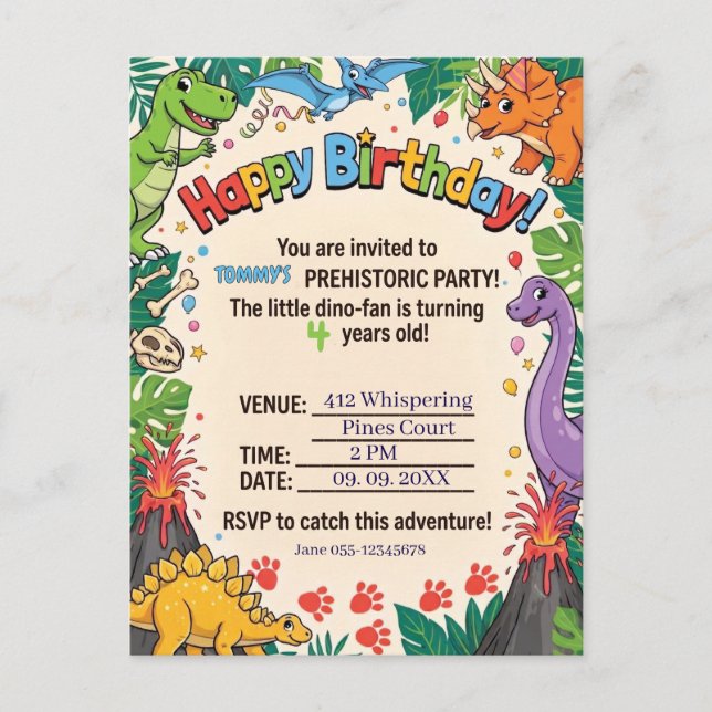 Postal De Invitación Fiesta de cumpleaños de dinosaurios prehistóricos  (Anverso)
