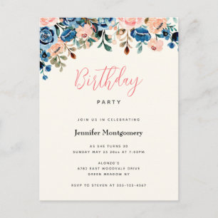 Postal De Invitación Fiesta de cumpleaños de flores de acuarela rosadas
