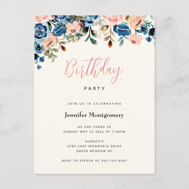 Postal De Invitación Fiesta de cumpleaños de flores de acuarela rosadas (Anverso)