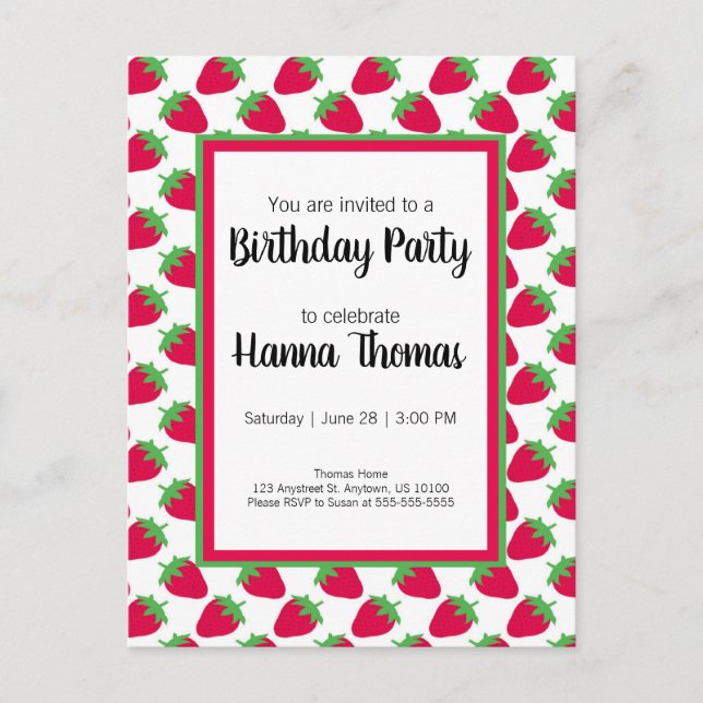 Postal De Invitación Fiesta de cumpleaños de fresa con tema de bayas (Anverso)