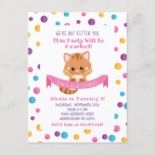 Postal De Invitación Fiesta de Cumpleaños de Gatito Kitty Lindo Confeti