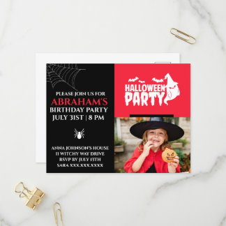 Postal De Invitación Fiesta de cumpleaños de Halloween rojo y negro