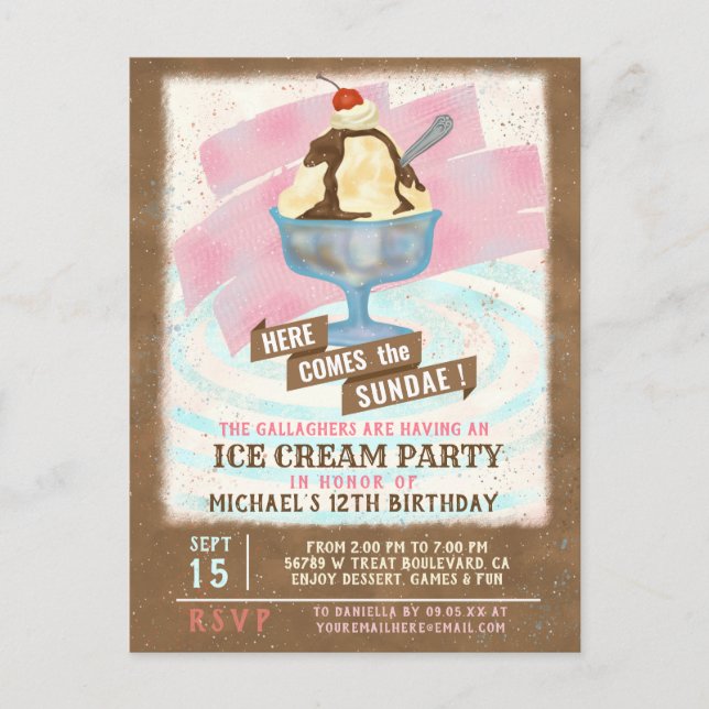 Postal De Invitación Fiesta de cumpleaños de Ice Cream | Aquí viene el  (Anverso)