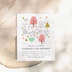Postal De Invitación Fiesta de cumpleaños de la pequeña y moderna oveja