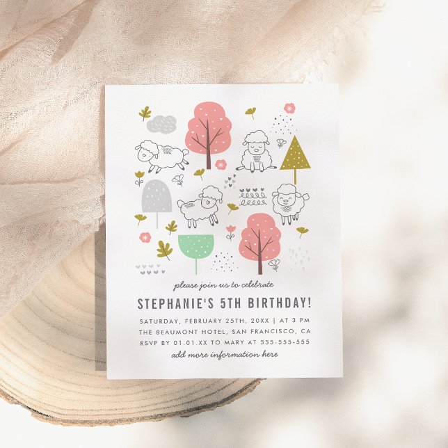 Postal De Invitación Fiesta de cumpleaños de la pequeña y moderna oveja (Subido por el creador)