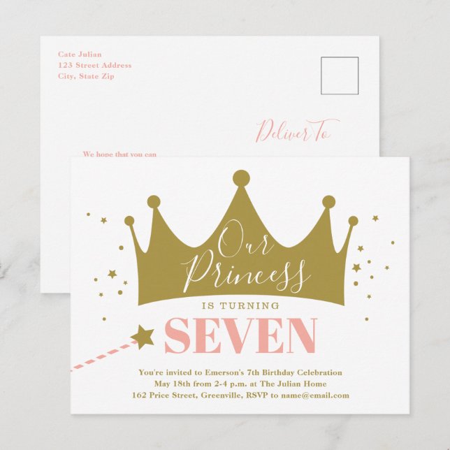 Postal De Invitación Fiesta de Cumpleaños de la Princesa Rosa Presupues (Anverso / Reverso)