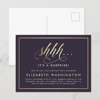 Postal De Invitación Fiesta de Cumpleaños de la Sorpresa Oro y Morado