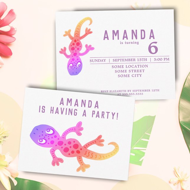 Postal De Invitación Fiesta de Cumpleaños de Lagarto Gecko Arcoíris Lin (Subido por el creador)