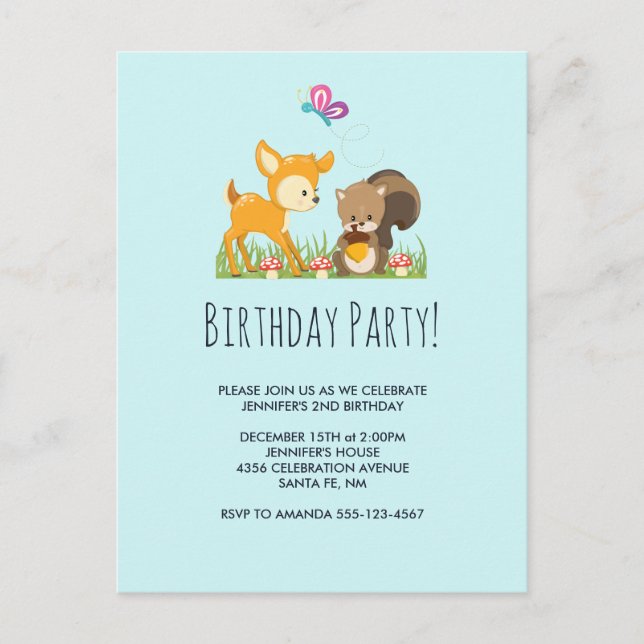 Postal De Invitación Fiesta de cumpleaños de las criaturas de los bosqu (Anverso)