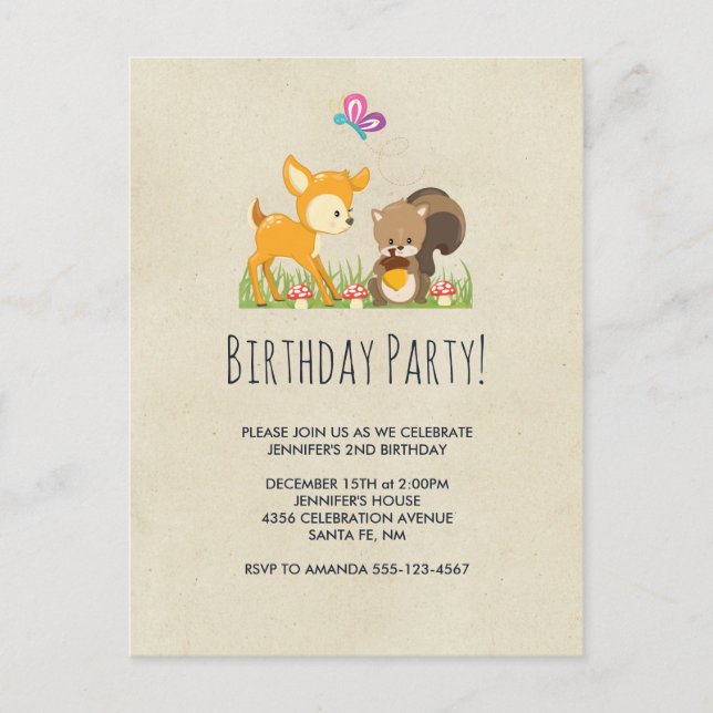 Postal De Invitación Fiesta de cumpleaños de las criaturas de los bosqu (Anverso)