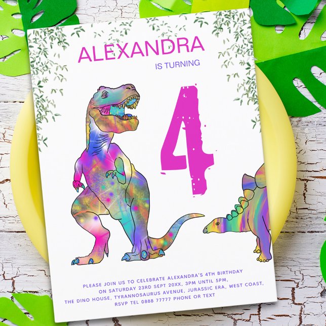 Postal De Invitación Fiesta de cumpleaños de las niñas de los dinosauri (T-Rex stegosaurus dinosaur girls 4th birthday party budget invitation postcard modern bright colors )