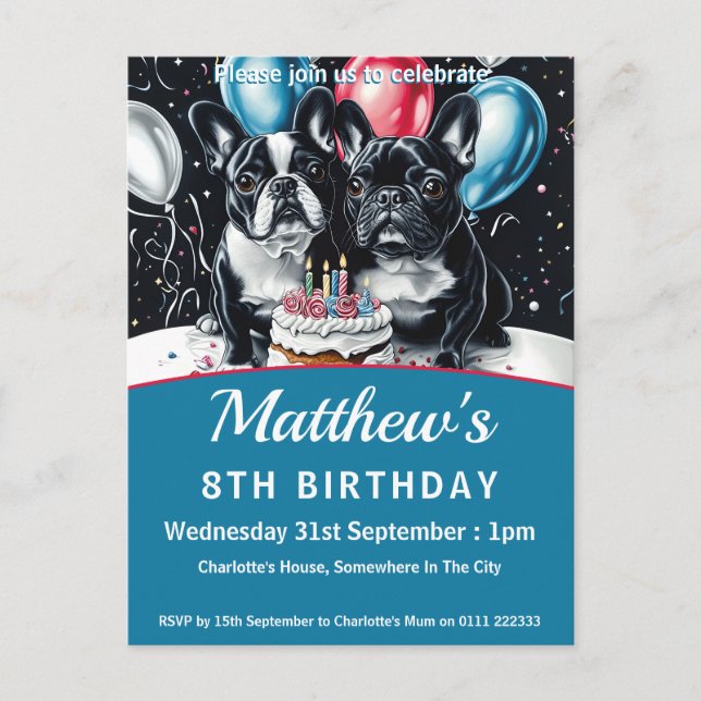 Postal De Invitación Fiesta de cumpleaños de los Bulldoges franceses (Anverso)