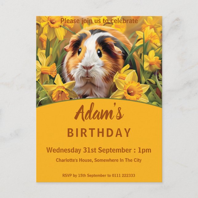 Postal De Invitación Fiesta de cumpleaños de los cerdos de Guinea (Anverso)