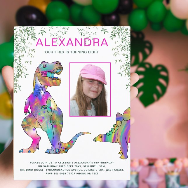 Postal De Invitación Fiesta de Cumpleaños de Niñas con Tema de Dinosaur (Dinosaur girls 8th birthday party budget invitation photo template and colorful T-Rex & stegosaurus)