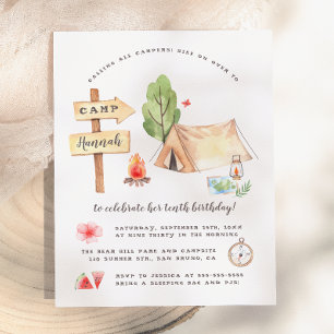 Postal De Invitación Fiesta de cumpleaños de niñas de camping de verano