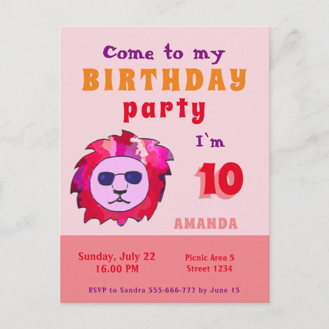Postal De Invitación Fiesta de Cumpleaños de Niño León Genial Rosa (Anverso)