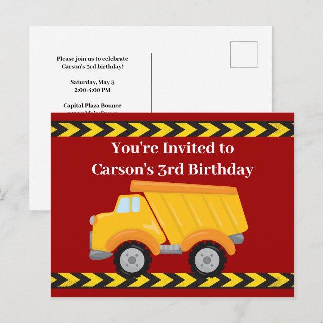 Postal De Invitación Fiesta de cumpleaños de niños con camionetas de vo (Anverso / Reverso)