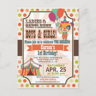 Postal De Invitación Fiesta de cumpleaños de Retro Colores Circus Puppy