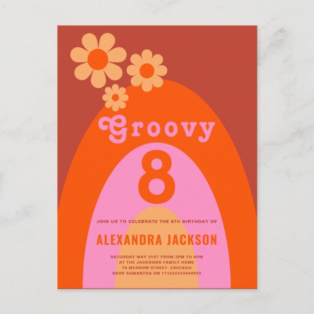 Postal De Invitación Fiesta de cumpleaños de Retro Groovy 8 chicas (Anverso)