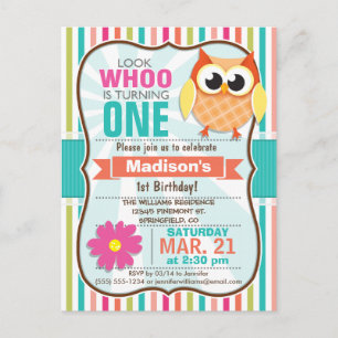 Postal De Invitación Fiesta de cumpleaños de Stripes Owl
