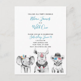 Postal De Invitación Fiesta de cumpleaños de un niño blanco negro y azu