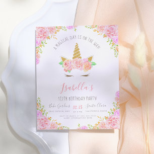 Postal De Invitación Fiesta de Cumpleaños de Unicornio con Brillo Dorad