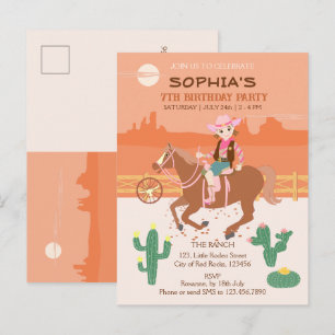 Postal De Invitación Fiesta de cumpleaños de vaquera bonita y caballo