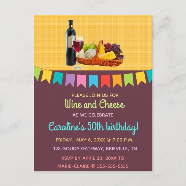 Postal De Invitación Fiesta de cumpleaños de vino y queso editable (Anverso)