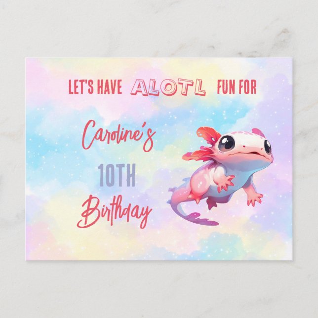 Postal De Invitación Fiesta de cumpleaños del arcoiris rosado Axolotl (Anverso)