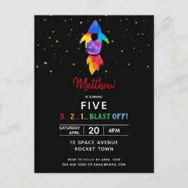 Postal De Invitación Fiesta de cumpleaños del buque con cohete arco iri
