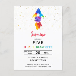 Postal De Invitación Fiesta de cumpleaños del buque con cohete arco iri