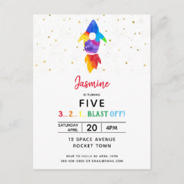Postal De Invitación Fiesta de cumpleaños del buque con cohete arco iri