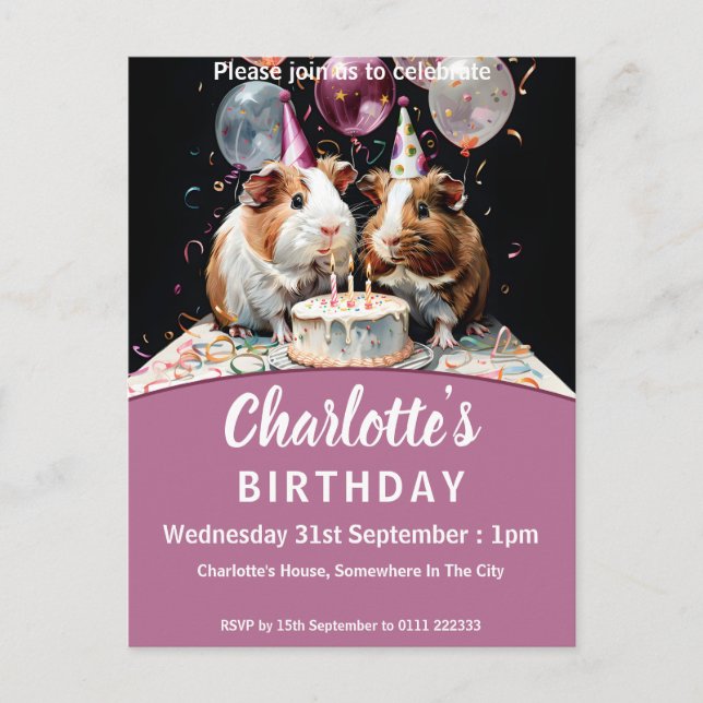 Postal De Invitación Fiesta de cumpleaños del cerdo de Guinea (Anverso)