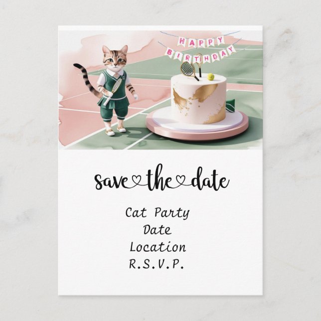 Postal De Invitación Fiesta de cumpleaños del gato en la pista de tenis (Anverso)